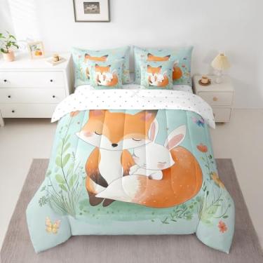 Imagem de Feelyou Conjunto de cama de coelho raposa para todas as estações, conjunto de cama casal com edredom de animais de desenho animado, animais da floresta, raposa, borboleta, animais selvagens, conjunto