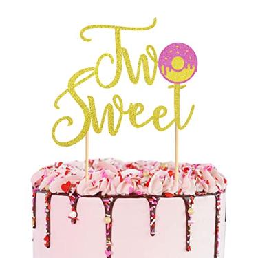 Imagem de Arthsdite Topo de bolo de donut Candyland duas decorações de bolo doce com rosquinha rosa doce para decoração de festa de chá de bebê com tema de donut - Glitter dourado