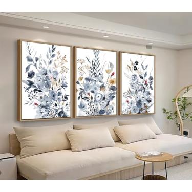 Imagem de tigeridge Arte de parede emoldurada botânica - imagens em tela floral decoração de parede cinza azul marrom pintura arte arte estilo aquarela impressões para sala de estar decoração de casa 91 x 61 cm
