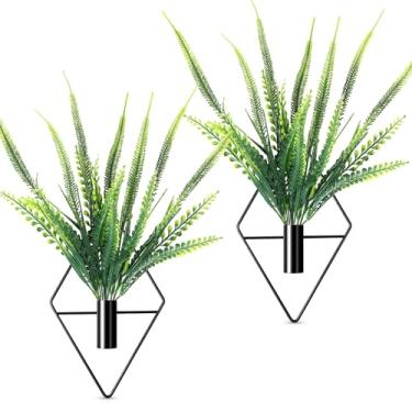 Imagem de Canlierr 2 peças de decoração de parede com plantas artificiais, vaso suspenso de metal, suporte de plantas internas, arte de parede boho moderna para banheiro, quarto, sala de estar (preto, samambaia