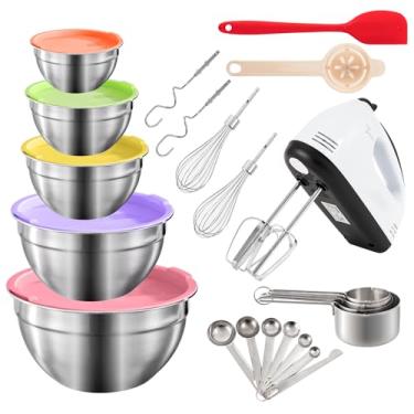 Imagem de Ouvibyaz Batedeira Elétrica Manual De 7 Velocidades, Conjunto Com 5 Tigelas Grandes, Batedeiras Portáteis Batedores, Tigela Encaixe Metal Em Aço Inoxidável, Copos Medidores, Colheres, Liquidificador