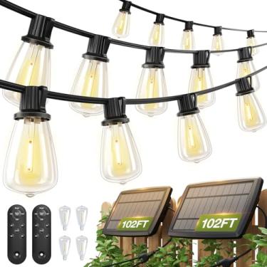 Imagem de addlon Pacote com 2 luzes solares de 102 pés (96 + 6) à prova d'água, luzes de pátio alimentadas por energia solar com controle remoto e porta USB, 3 modos de iluminação 60 + 4 lâmpadas LED