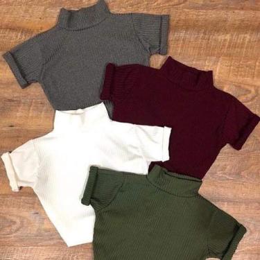Imagem de Blusa feminina cropped gola alta malha canelada manga curta - Filó Mod