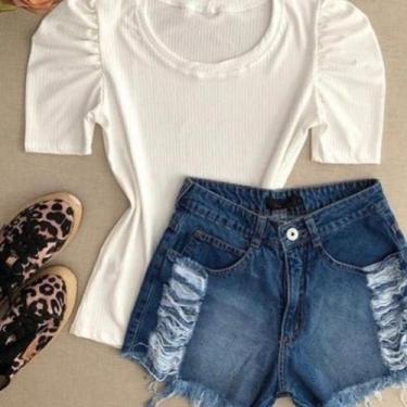 Imagem de Blusa feminina manga bufante curta malha canelada com elastano - Filó 