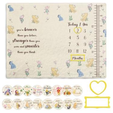 Imagem de Cobertor Winnie Baby Milestone, Tabela de crescimento do cobertor Pooh para novos pais, calendário de fotos Winnie Tabela mensal de crescimento, com cartolina impressa dupla face (16 momentos