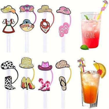 Imagem de Chapéu de cowboy com cobertura de palha para Stanley Cup, 8 peças, protetor de tampa de silicone estilo ocidental, multicolorido