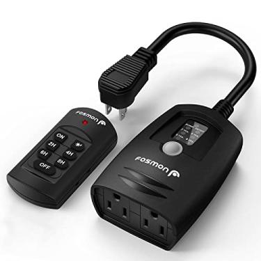 Imagem de Fosmon Temporizador de luz externa com controle remoto, temporizador plug-in à prova d'água do crepúsculo ao amanhecer com controle remoto sem fio para tomadas elétricas, iluminação externa, alcance