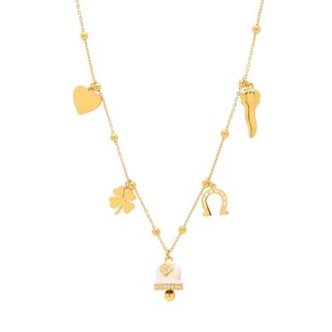 Imagem de OIDIMS Colar feminino Jingle Bell, banhado a ouro 18 K, zircônia cúbica, coração, trevo de quatro folhas, pingente de ferradura, pingente ajustável, gargantilha da sorte, vintage, joia de Natal para