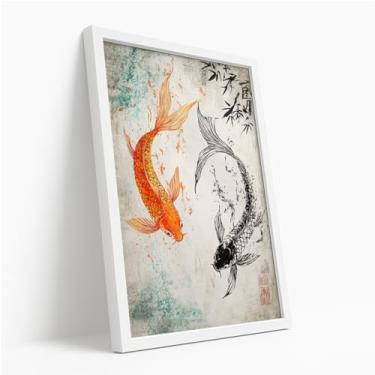 Imagem de Quadro Decorativo Carpas Japonesas Com Moldura Peixes Koi Laranja Preto Equilíbrio Oriental Água Arte Zen Pintura Tradicional Energia Boa