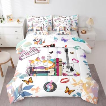 Imagem de Erosebridal Jogo de cama casal com tema de livro de música, borboleta e gato, para crianças, meninos, meninas, presente de aniversário, moderno, moderno, com lençol de cima