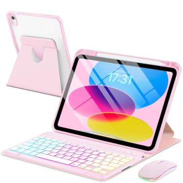 Imagem de EAMPANG Capa com teclado e mouse para iPad A16 11ª geração 11/27.7 cm, capa magnética rotativa com teclado removível retroiluminado arco-íris com suporte de lápis para iPad 11 2025 10 geração 2022