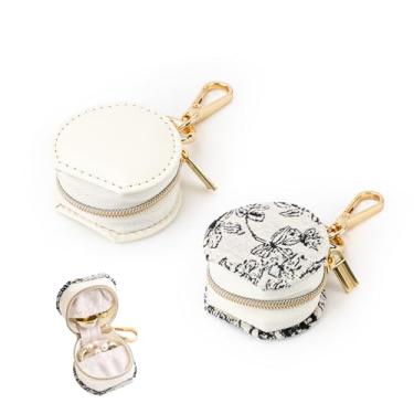 Imagem de LELE LIFE Pacote com 2 chaveiros, porta-joias de viagem, mini estojo de viagem, pequeno anel de brinco, caixa organizadora de armazenamento (branco + flor)