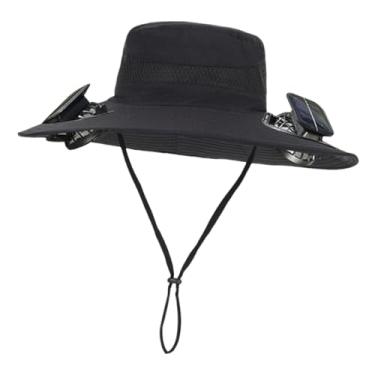 Imagem de Generic Chapéu de sol de aba larga, chapéu com ventilador solar, proteção solar respirável com 2 ventiladores solares, boné de pescador para atividades ao ar, Preto