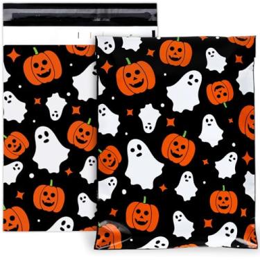 Imagem de JarThenaAMCS 100 peças 25,5 x 33,5 cm, envelopes de poliéster de Halloween, fantasma, abóbora, preto, sacos de embalagem com envelopes autovedantes, sacos de plástico para pequenas empresas, boutique