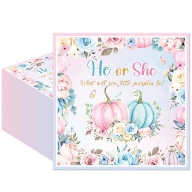 Imagem de VorkiVecKi Artigos de festa de revelação de gênero - 50 peças de decoração de guardanapo de chá de bebê de outono de abóbora para ele ou ela, conjunto de guardanapos descartáveis de papel rosa azul