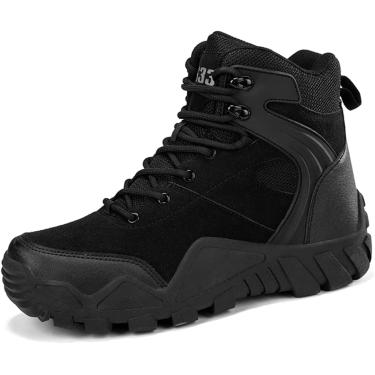 Imagem de Botas militares táticas de couro de camurça masculina, calçados esportivos confortáveis ​​para caminhada, botas de combate respiráveis, pretas, 10,5 Reino Unido