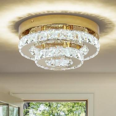 Imagem de ECOBRT Luminária de teto para lustre de cristal dourado, montagem em superfície de 25 cm, luminária LED com luz embutida, mini luz de quarto 6000 K