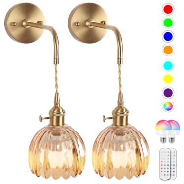 Imagem de Arandelas de parede vintage operadas a bateria, luminárias de abajur de vidro tulipa âmbar sem fio, recarregáveis sem fio RGB com controle remoto regulável, para quarto e sala de estar