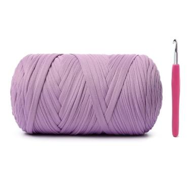 Imagem de Fio de camiseta de tecido elástico para crochê, fios de crochê para iniciantes com mistura de poliéster e elastano, total de 400 g/114 jardas para artesanato de crochê/bolsas/cestas (ilás)