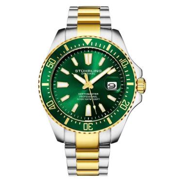 Imagem de Relogio masculino Depthmaster 3950A 42mm, mostrador verde, pulseira em aco inox dourado e fivela prateada Stuhrling
