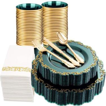Imagem de Conjunto de pratos de plástico PULOTE Clear Green com talheres dourado