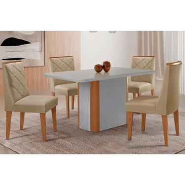 Imagem de Conjunto Sala de Jantar Pietá c/ Tampo Madeirado c/ Vidro Canto Curvo 120x80cm e 4 Cadeiras Pietá Madeira Maciça Naturale/Off White - Capuccino/Linho 