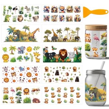 Imagem de arricraft 10 folhas selva animais UV DTF copo envoltório para vidro de 473.6 g, zoológico leão elefante pássaro esfregar em decalques PVC transferência adesivos para copos DIY madeira funiture 24 x 11