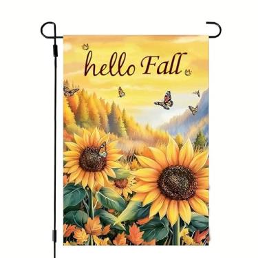 Imagem de Hello Fall Butterfly Girassol Bandeira de jardim 30,5 x 45,7 cm Dupla face, estopa sazonal outono casa de fazenda bandeiras de quintal decorações de outono para varanda externa
