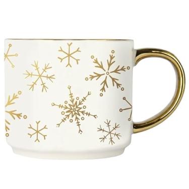 Imagem de Sweet Water Decor Caneca de café dourada de floco de neve, caneca de Natal da China de 400 ml com alça dourada, copo grande de inverno para café, chá e chocolate quente, presentes de meia para