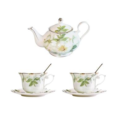 Imagem de Conjunto de chá de porcelana floral vintage – 1 bule de chá, 2 xícaras e pires com acabamento dourado, inclui 2 colheres (camélia branca)