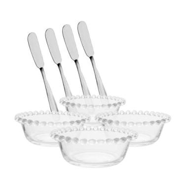 Imagem de Kit 4 Tigelas De Cristal Pearl 12cm Com 4 Espátulas Geleia Manteiga Pa