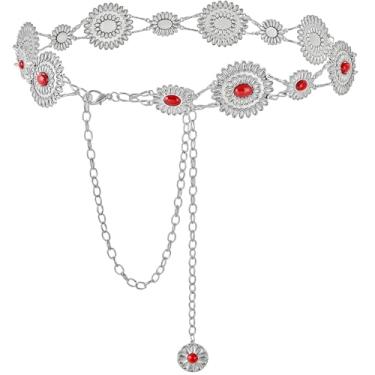 Imagem de YGR Cinto feminino de corrente Concho Western Cowgirl turquesa para vestidos jeans e calças, Vermelho, Length 45" (31.5"+extended chain 13.5")