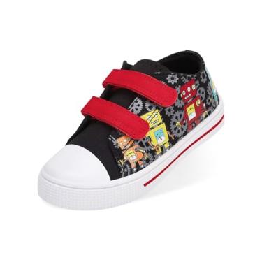 Imagem de Tênis infantil de lona para meninos, meninas, clássico, cano baixo, gancho duplo e laços com estampas adoráveis, Robô vermelho preto, 10 Toddler