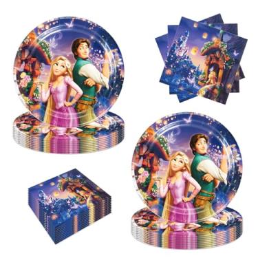 Imagem de Omto 40 peças de artigos de festa Rapunzel incluem 20 pratos, 20 guardanapos para decoração de festa de aniversário Rapunzel