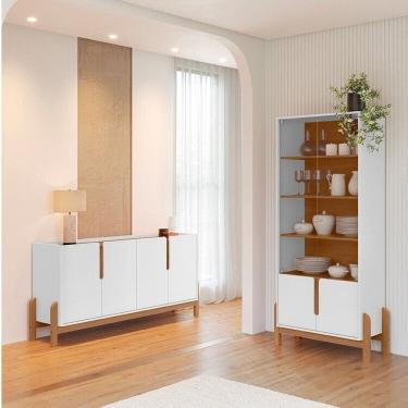 Imagem de Buffet 170cm e Cristaleira com Pés de Madeira Maciça Lizz Branco / Cedro