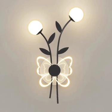 Imagem de Luminária de parede moderna LED borboleta, luminária de parede criativa para quarto infantil, abajur de acrílico com bola e decoração de folhas, 3000K/4000K/6000K ajustável, luminária de par