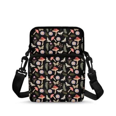 Imagem de Ecaestolph Bolsa tiracolo feminina pequena carteiro tiracolo bolsa transversal bolsa de armazenamento bolsa, Borboleta cogumelo floral preta, One Size