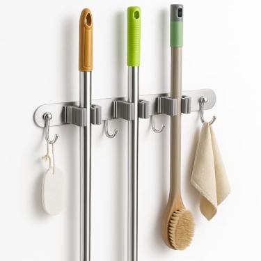 Imagem de Suporte de Parede Aço Inox com Clipes e Ganchos, Organizador de Vassouras e Rodos para Cozinha e Lavanderia