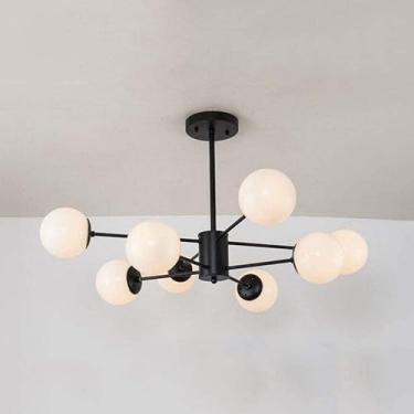 Imagem de Lustre Preto Long Pole Pendant Lamp Abajur de Vidro Branco Leitoso Luz Pendente Sala de Estar Quarto Sala de Armazenamento Luminária de Teto 8 luzes