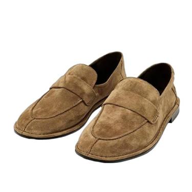 Imagem de Mocassins de couro genuíno vintage francês com estampa de crocodilo preguiçoso, sapatos femininos para mulheres, Caqui, 34