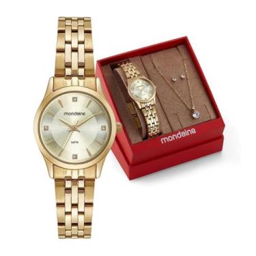 Imagem de Kit Relógio Feminino Mondaine Cristais Dourado À Prova D'Água 50M 3260