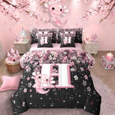 Imagem de Erosebridal Conjunto de edredom tamanho casal rosa preto alfabeto H com lindo design de axolote - conjunto de cama de 7 peças de flor de cerejeira japonesa, cama de axolote fofo em uma bolsa, letra