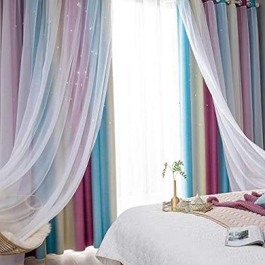 Imagem de Cortinas opacas de estrelas, cortinas de janela de arco-íris de camada dupla para quarto de meninas, cortinas com isolamento térmico, ilhós na parte superior, 2 painéis, cor roxa, 100 x 2