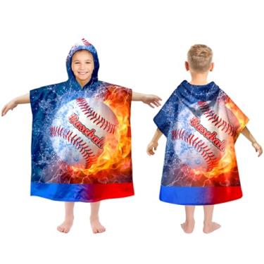 Imagem de Toalhas de praia com capuz para crianças de 4 a 12 anos, lindo tema de beisebol para meninos, saída de banho para banheiro, 68,5 x 83,8 cm, poncho de toalha de banho azul vermelho de secagem rápida