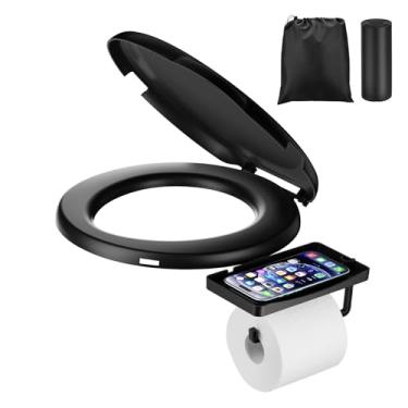 Imagem de Assento de vaso sanitário 2025 atualizado, vaso sanitário balde de 5 galões para acampamento e emergência com suporte TP e prateleira de telefone, vaso sanitário portátil dobrável com tampa giratória