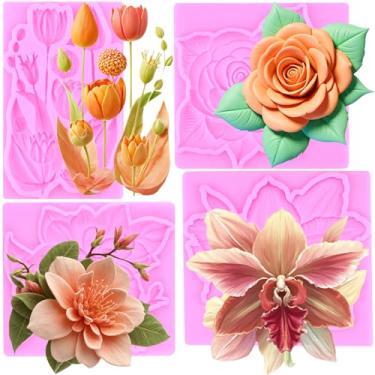 Imagem de MIYAHOUSE Molde de fondant de flores de silicone para decoração de bolos, topo de cupcake, pasta de goma de chocolate, argila de polímero, conjunto de 4