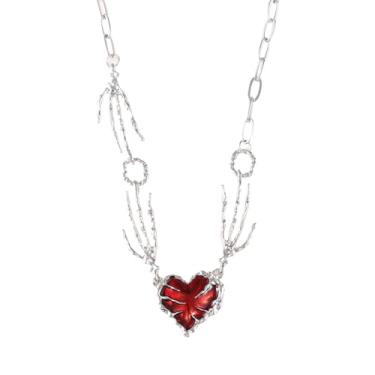 Imagem de Colar feminino com pingente de Halloween, banhado a prata, coração vermelho, corrente de palmeira, gargantilha ajustável, joia de festa, presente para mulheres e homens