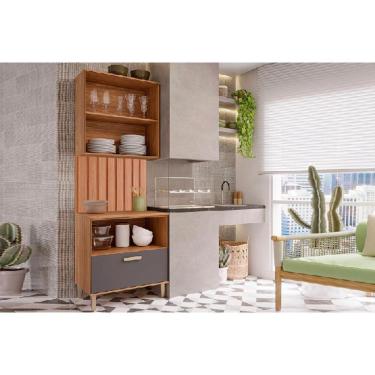 Imagem de Cozinha Completa Bella 3 Peças s/ Portas (1Aéreo+1Balcão+1Painel Ripado) 80cm Freijo/Titanium - MGM