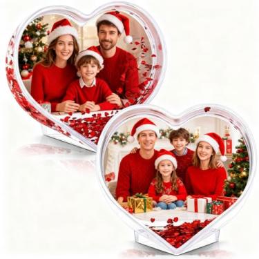 Imagem de CroBlissful 2 peças porta-retrato coração glitter 9,5 x 8,5 cm moldura líquida coração glitter moldura acrílica globo de neve foto flutuante foto personalizada presente de Natal Dia dos Namorados para