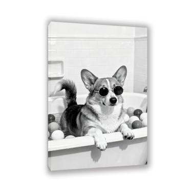 Imagem de SDYJ6GSW Arte de parede em tela de banheiro preto e branco engraçado animal decoração de banheiro Corgi com óculos de sol em uma banheira imagem humor pintura decoração de parede pronto para pendurar